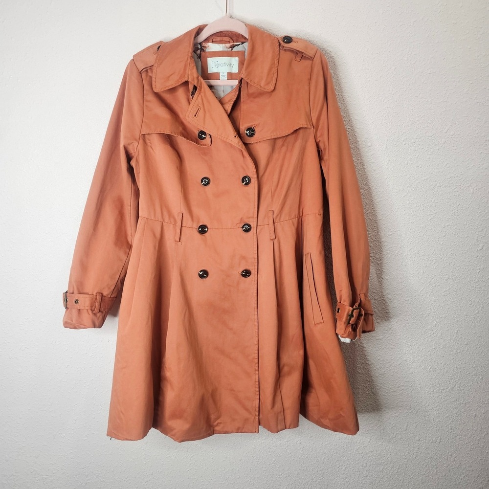 Relativity Jacket Women Peach Orange Double Breasted Trench Coat‎ Peplum Style M